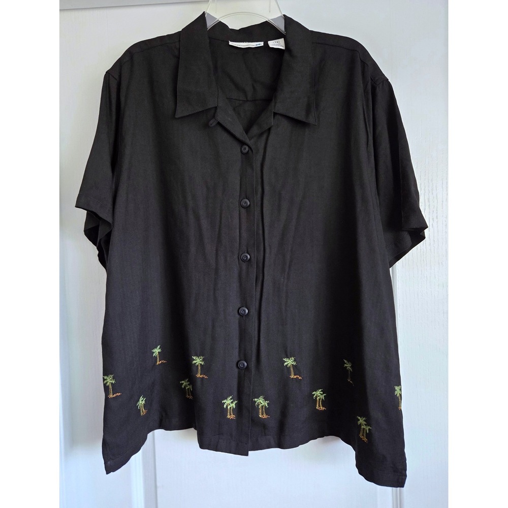 VTG Weekend Clothes Line Black Palm Tree Embroidered Button Camp Shirt‎ Sz 1X